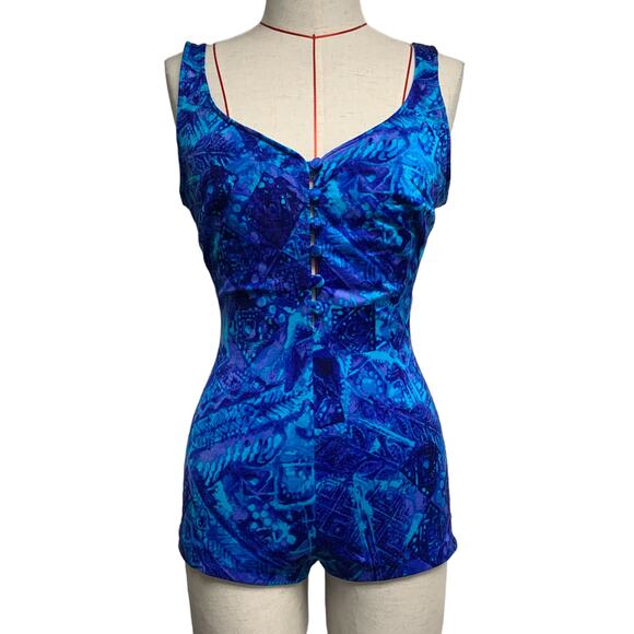 Vintage Maxine Of Hollywood Womens Blue Printed Button Swimsuit - Picture 2 of 9